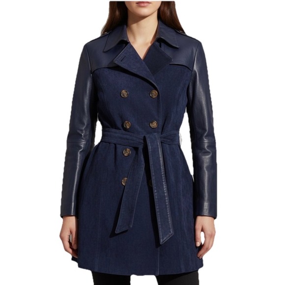 IMAN Trench Coat Women XL Navy Blue Genuine Leather Suede Mixed Media Belted - Picture 4 of 14